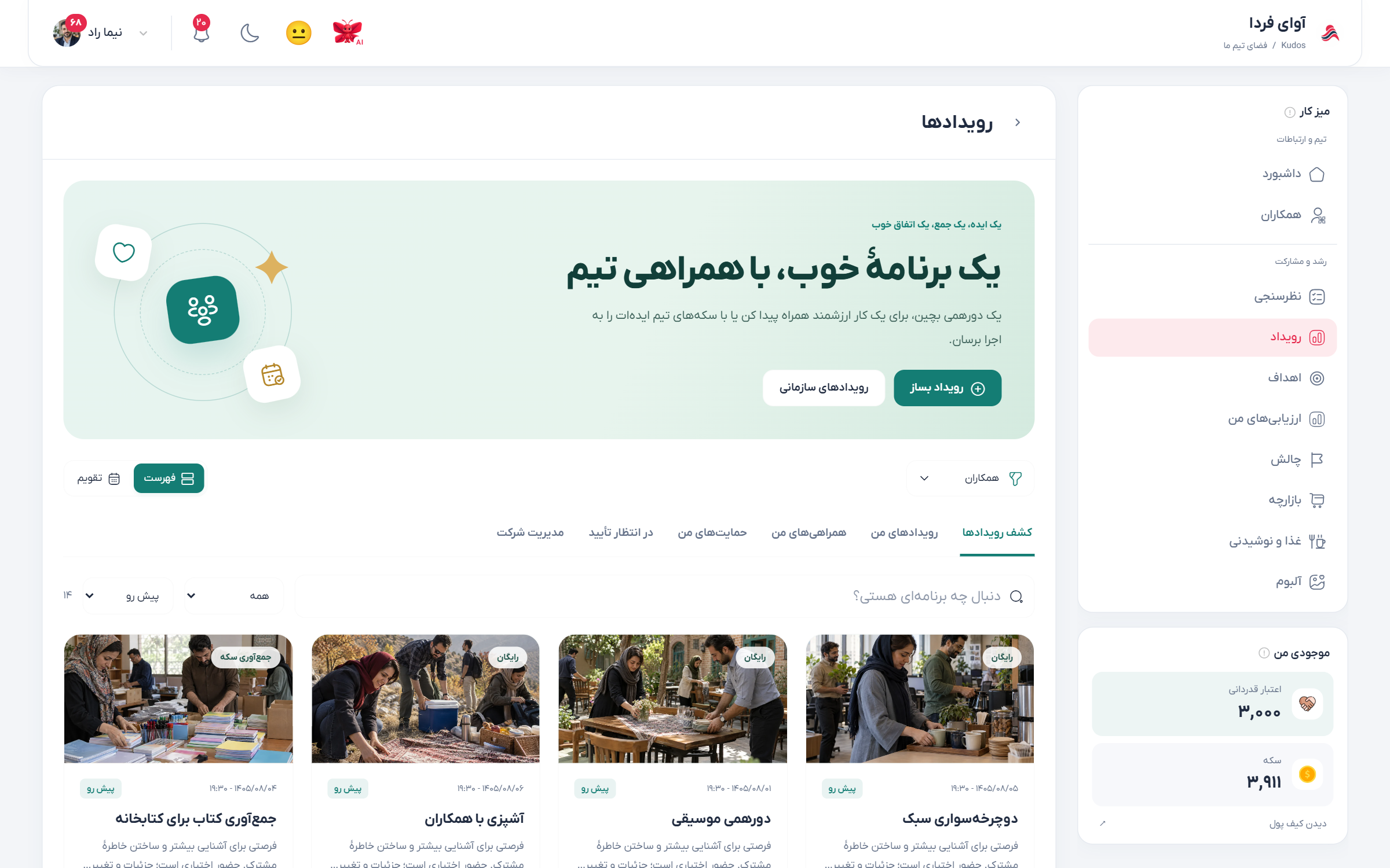 فهرست رویدادهای سازمان و همکاران در شرکت نمونه