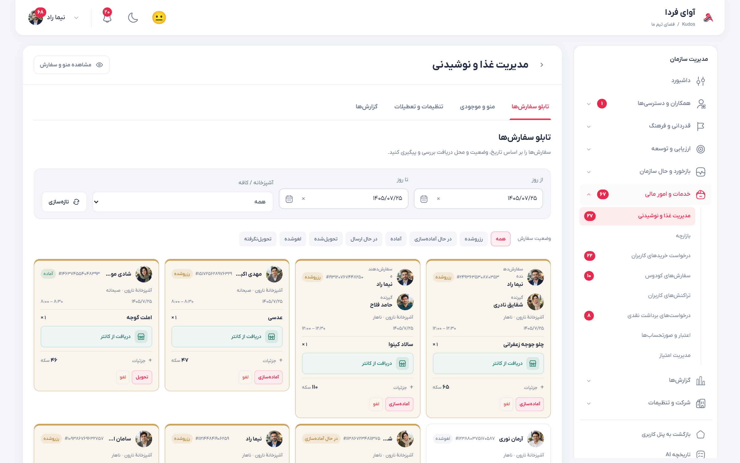 تابلوی مدیریت سفارشهای آشپزخانه و وضعیت آمادهسازی
